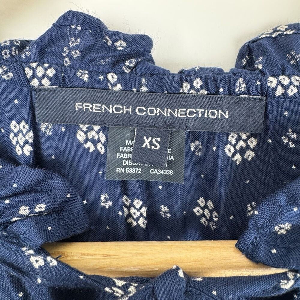 French Connection Dress XS Navy Floral High Neck Keyhole Peasant Boho Cottage - Picture 12 of 16